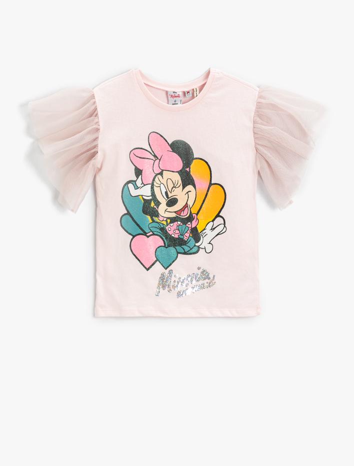 Kız Çocuk Minnie Mouse Baskılı Kısa Tül Kollu Lisanslı Tişört Pamuklu