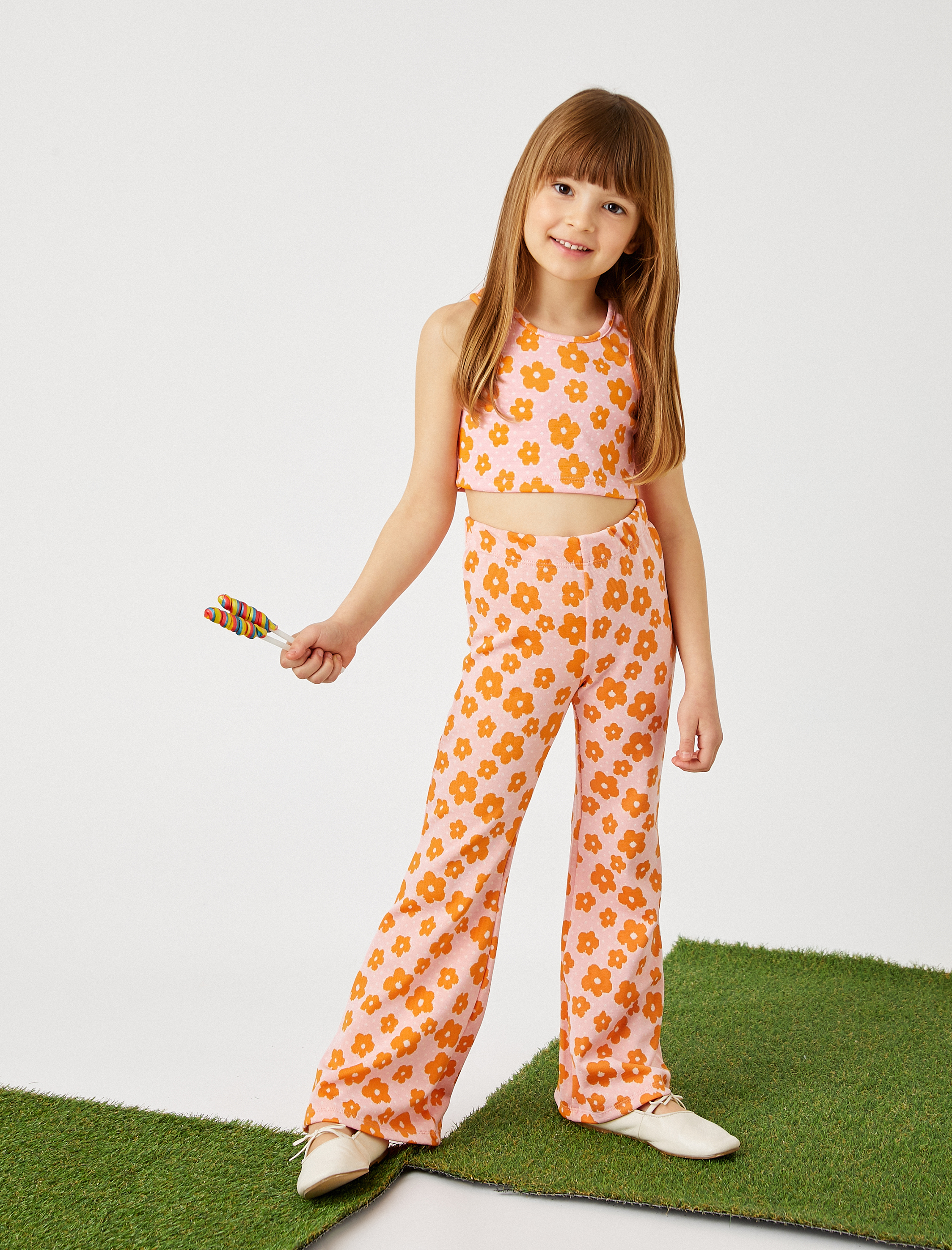  Kız Çocuk Çiçek Baskılı İspanyol Paça Pantolon Beli Lastikli