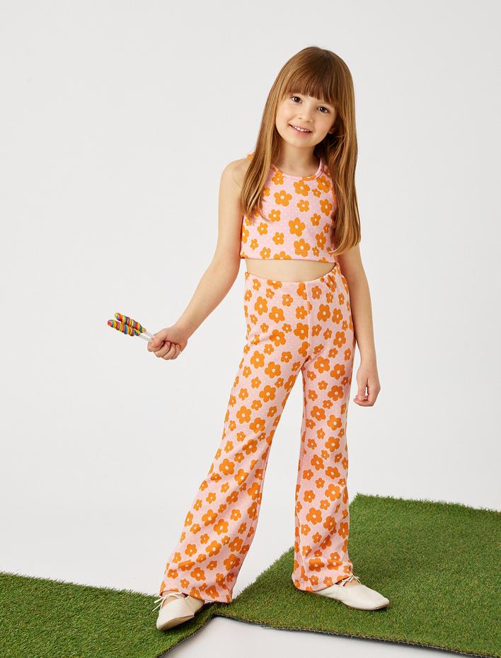 Kız Çocuk Çiçek Baskılı İspanyol Paça Pantolon Beli Lastikli