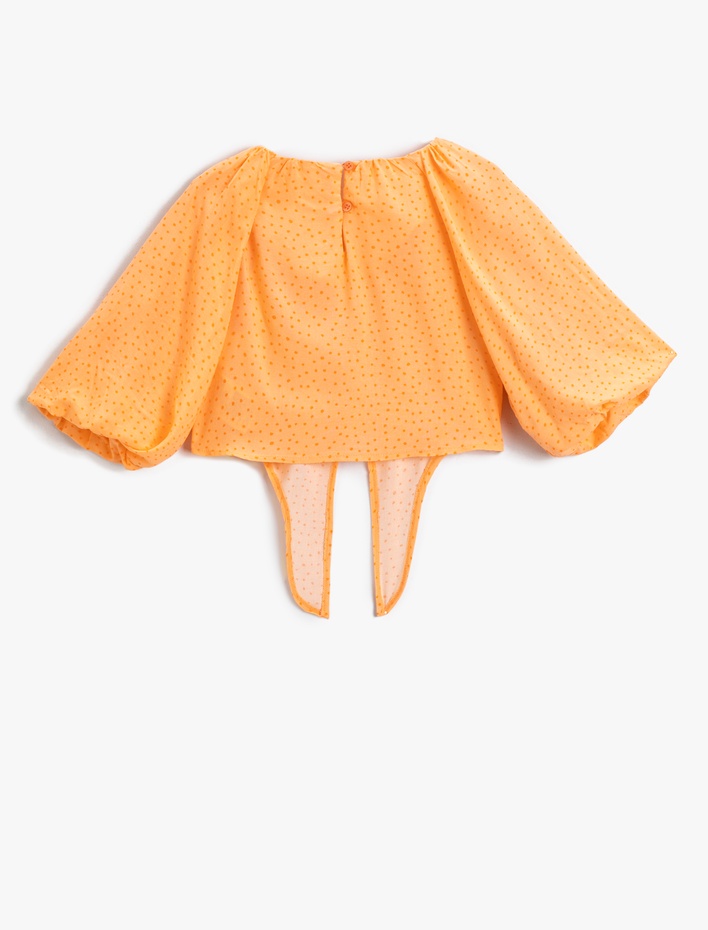 Kız Çocuk Puantiye Desenli Beli Bağlamalı Crop Balon Kol Bluz