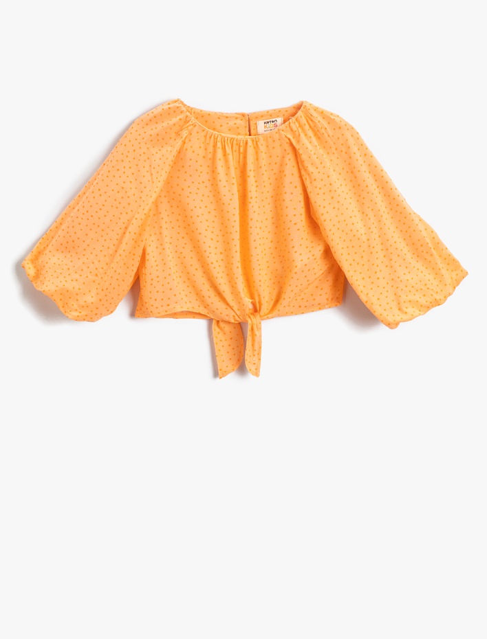 Kız Çocuk Puantiye Desenli Beli Bağlamalı Crop Balon Kol Bluz