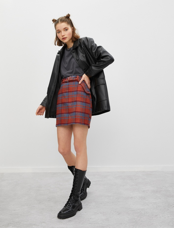  Kemerli Ekose Mini Etek