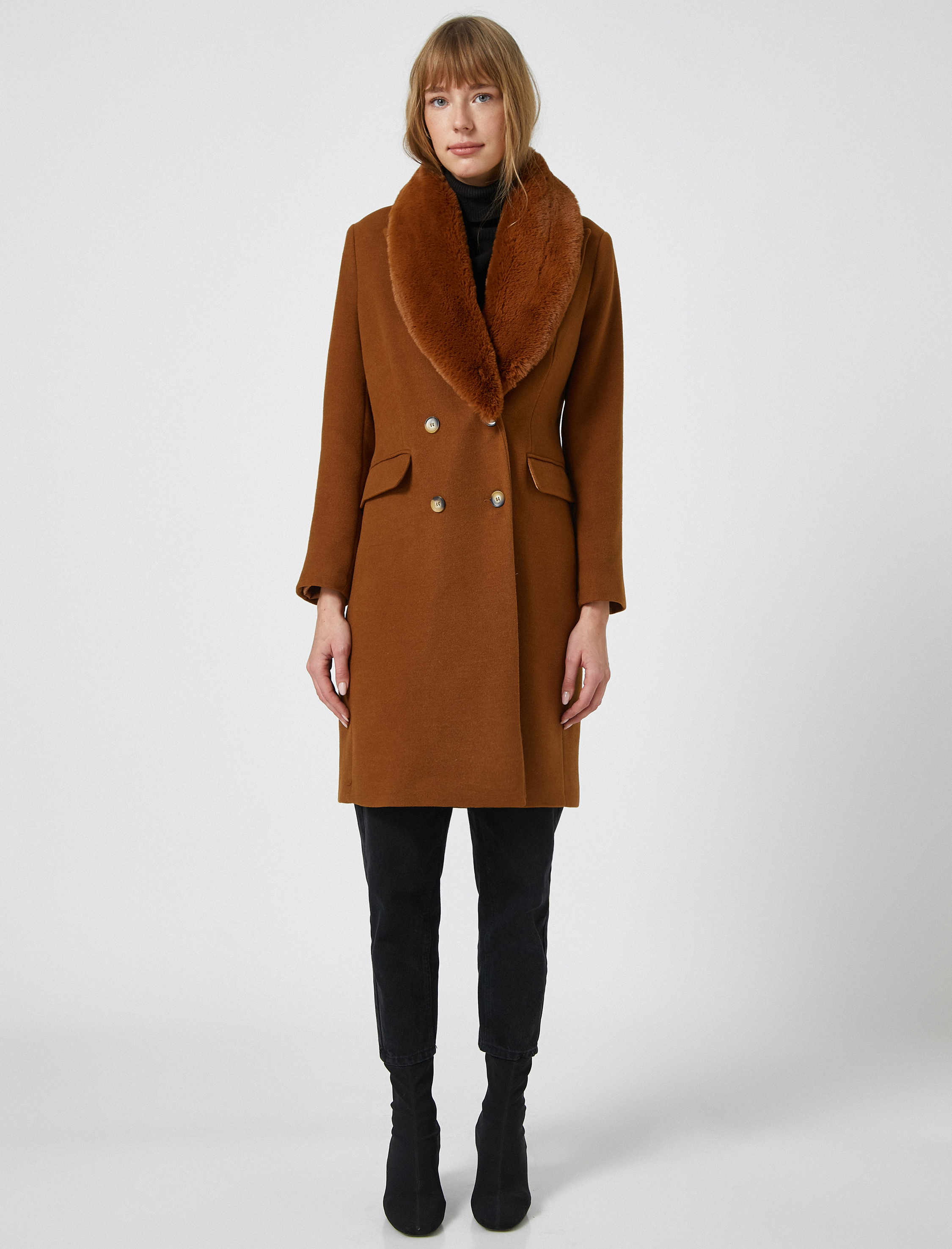   Suni Kürk Detaylı Düğmeli Kaşe Kaban