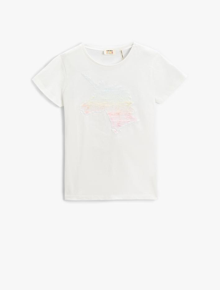 Kız Çocuk Unicorn Payetli Kısa Kollu Tişört Pamuklu