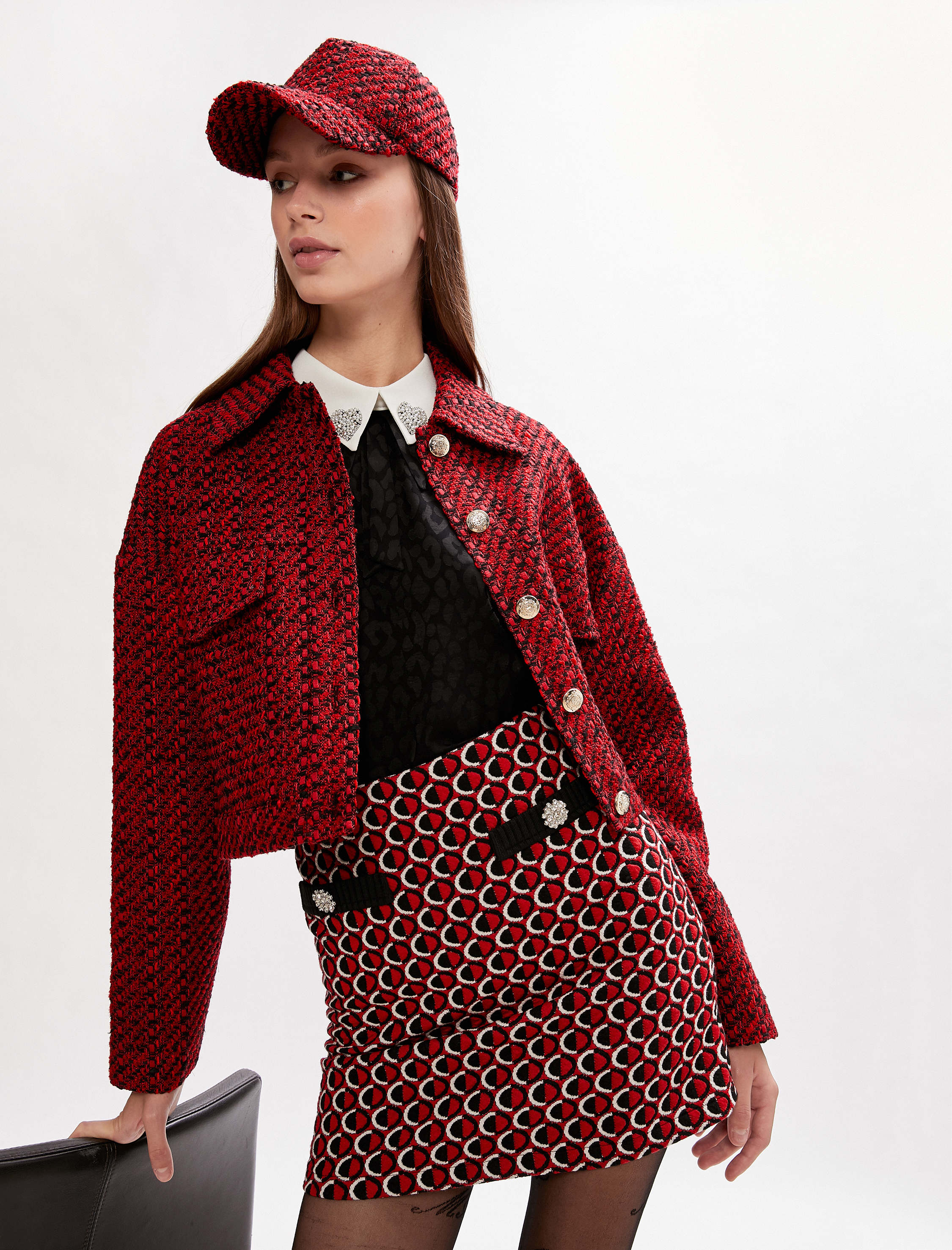   Geometrik Desenli Taşlı Mini Etek