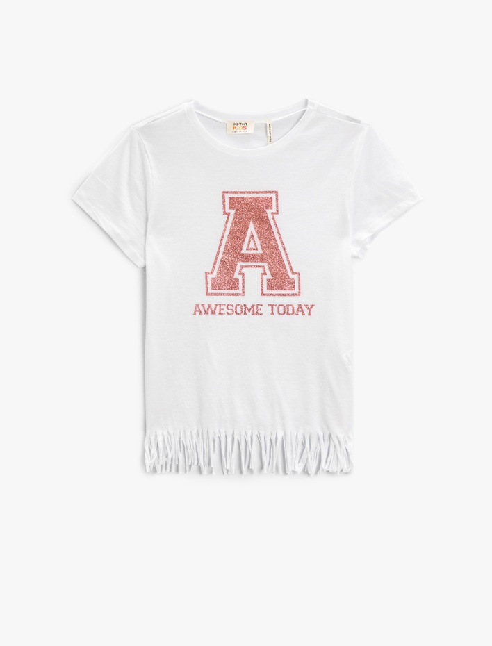 Kız Çocuk Püsküllü Baskılı Tişört Bisiklet Yaka Pamuklu