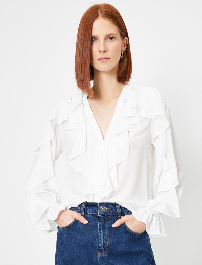  V Yaka Volanlı Gömlek