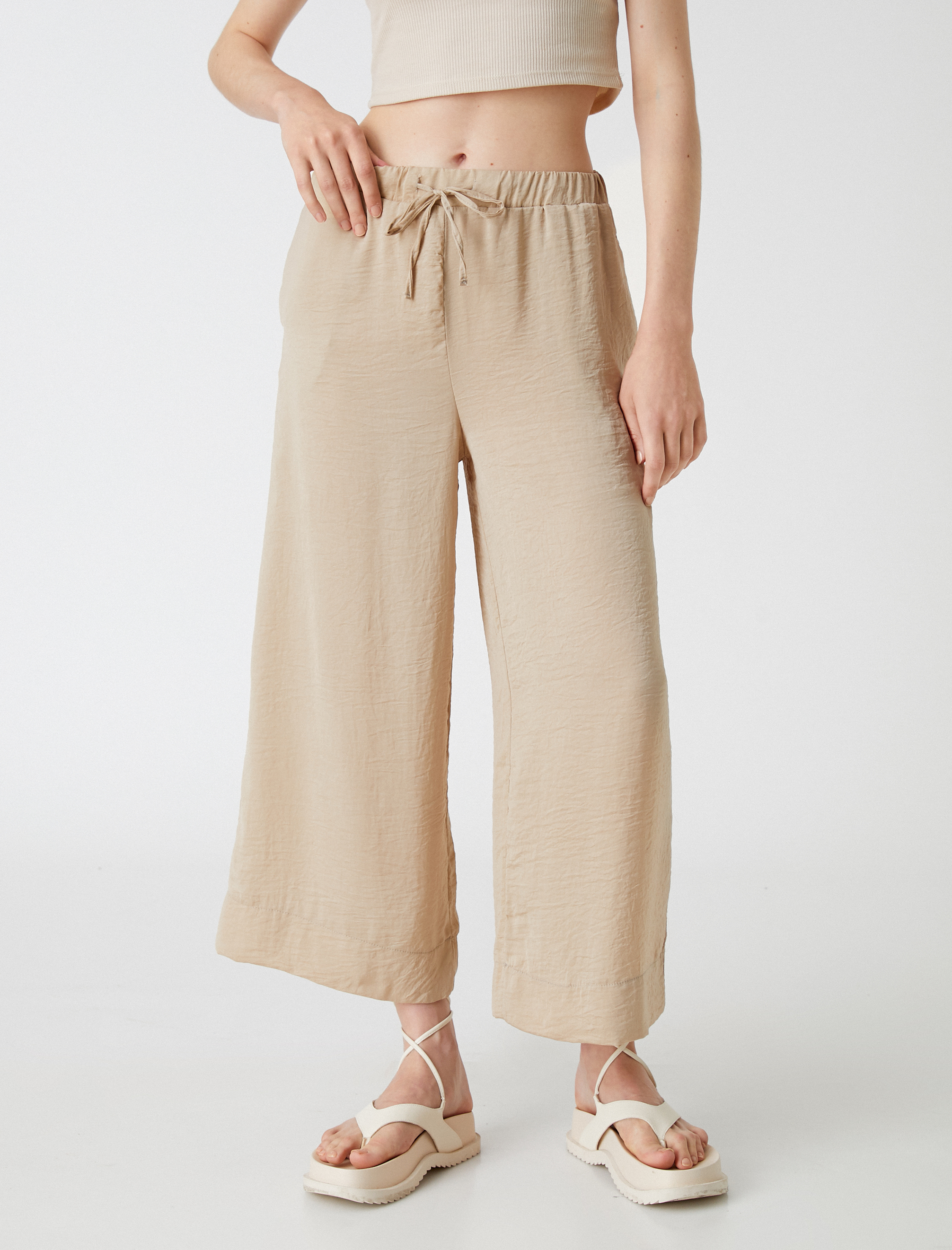   Crop Pantolon Bol Paça Beli Bağlamalı Saten Görünümlü