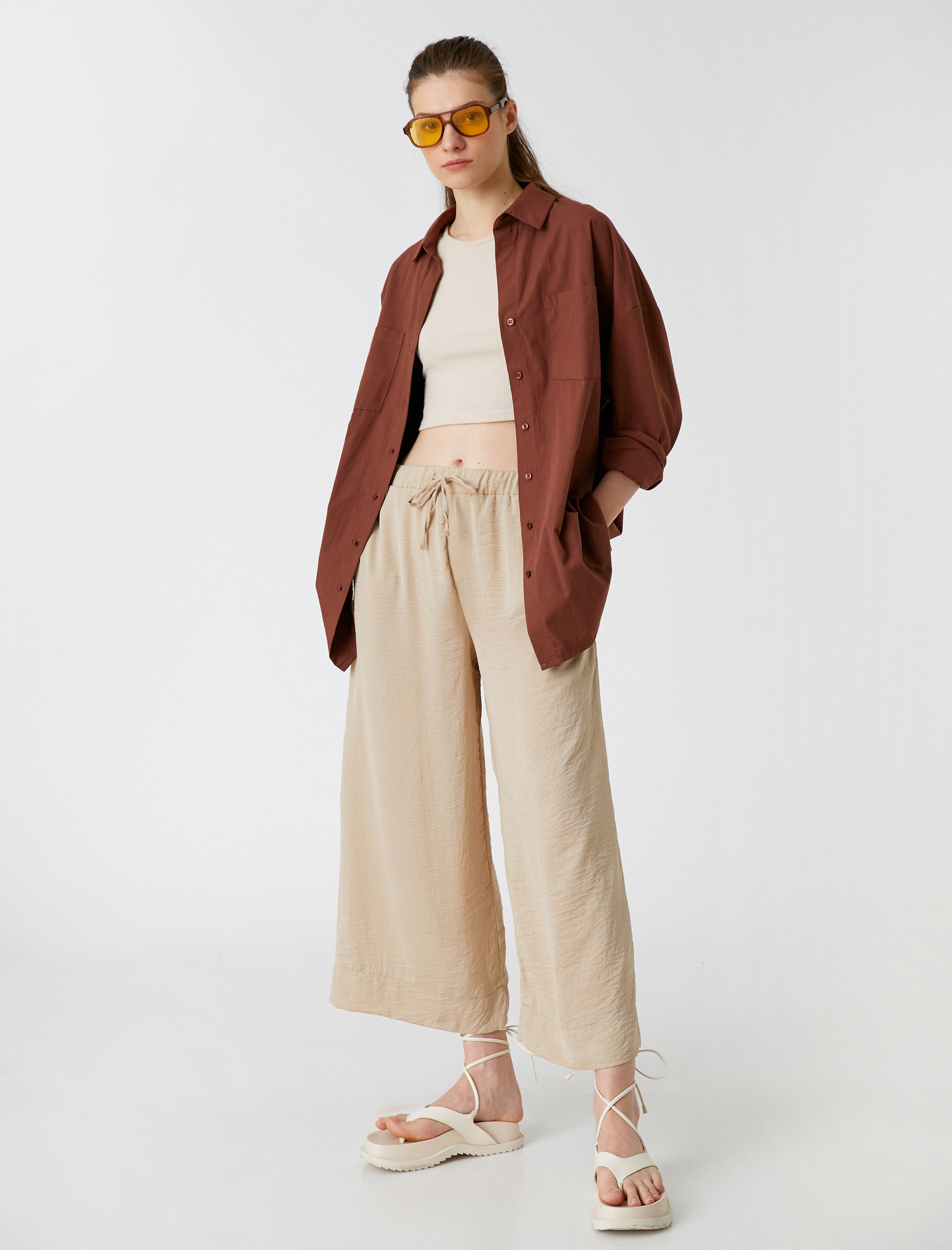   Crop Pantolon Bol Paça Beli Bağlamalı Saten Görünümlü