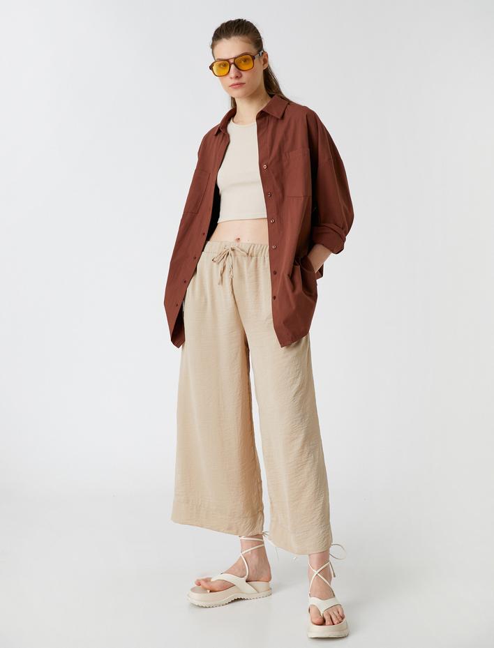  Crop Pantolon Bol Paça Beli Bağlamalı Saten Görünümlü