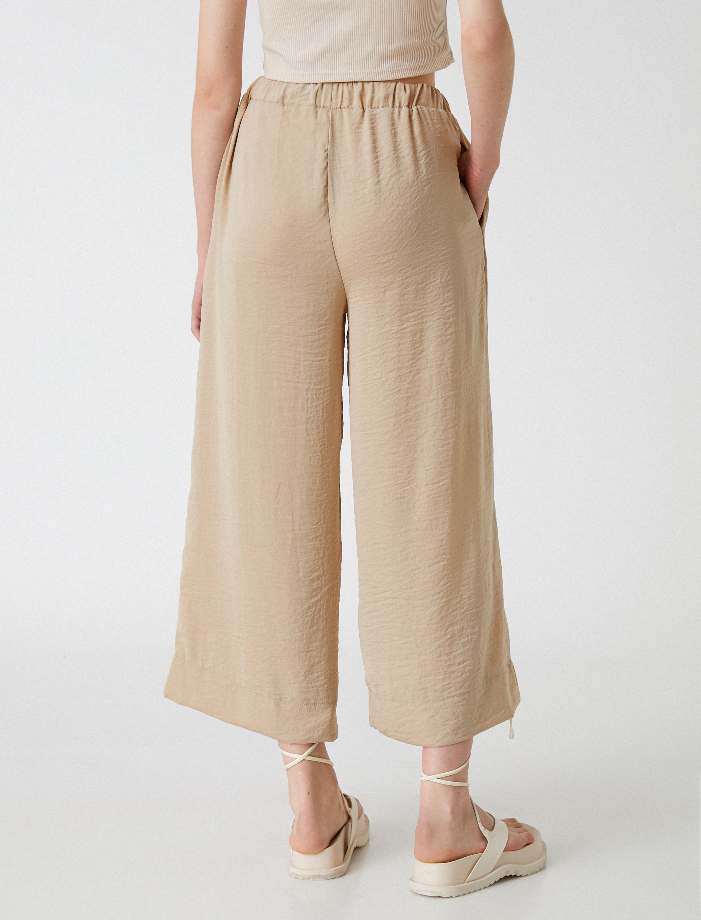   Crop Pantolon Bol Paça Beli Bağlamalı Saten Görünümlü