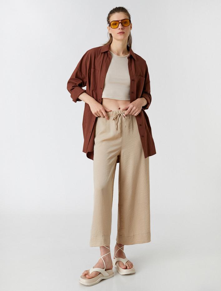  Crop Pantolon Bol Paça Beli Bağlamalı Saten Görünümlü