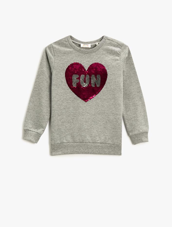 Kız Çocuk Pul-Payet İşlemeli Sweatshirt Uzun Kollu Baskılı Bisiklet Yaka