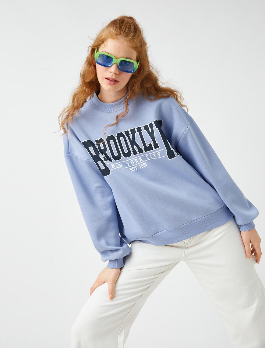  Oversize Kolej Sweatshirt İşlemeli İçi Polarlı