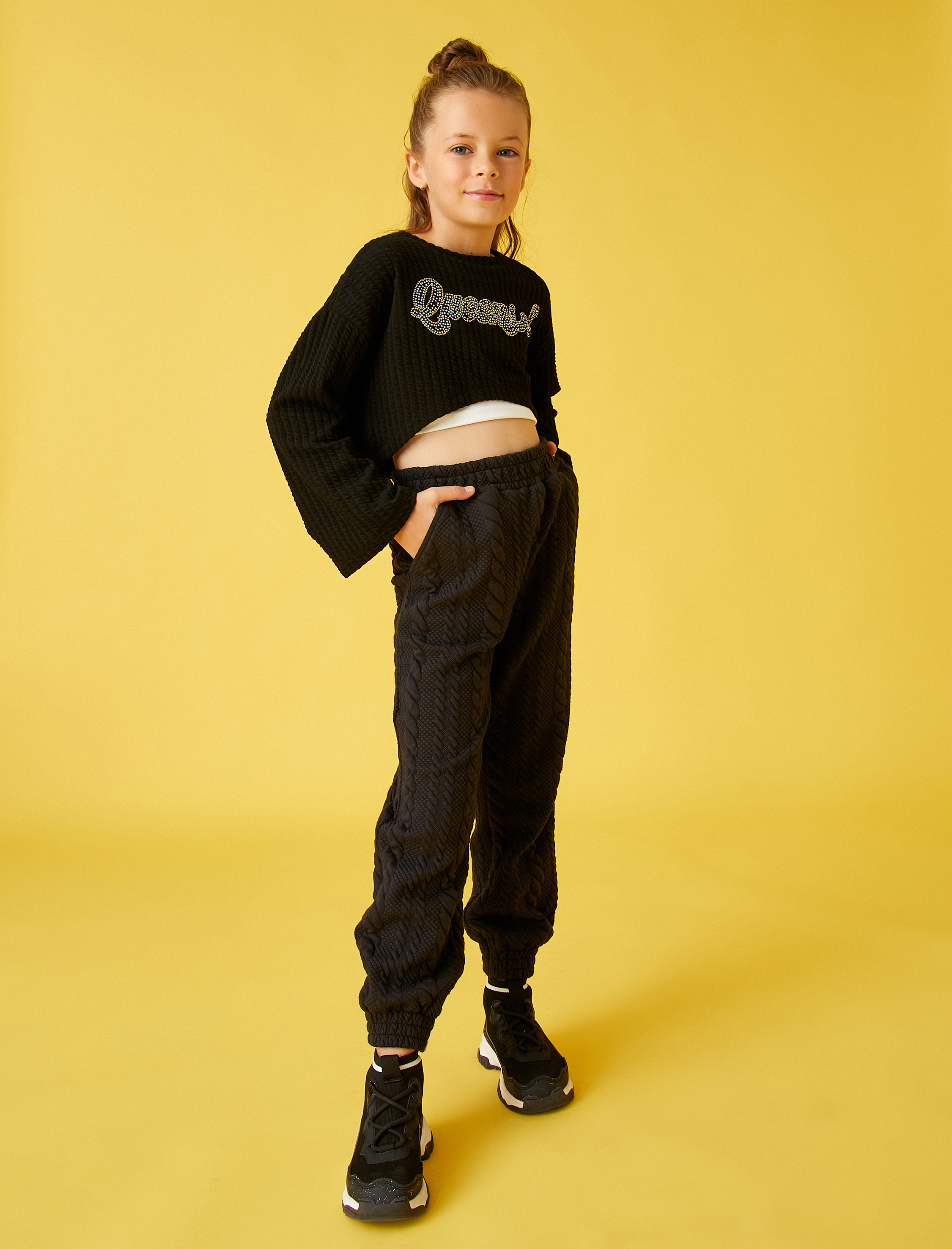  Kız Çocuk Basic Dokulu Jogger Eşofman Altı Cepli