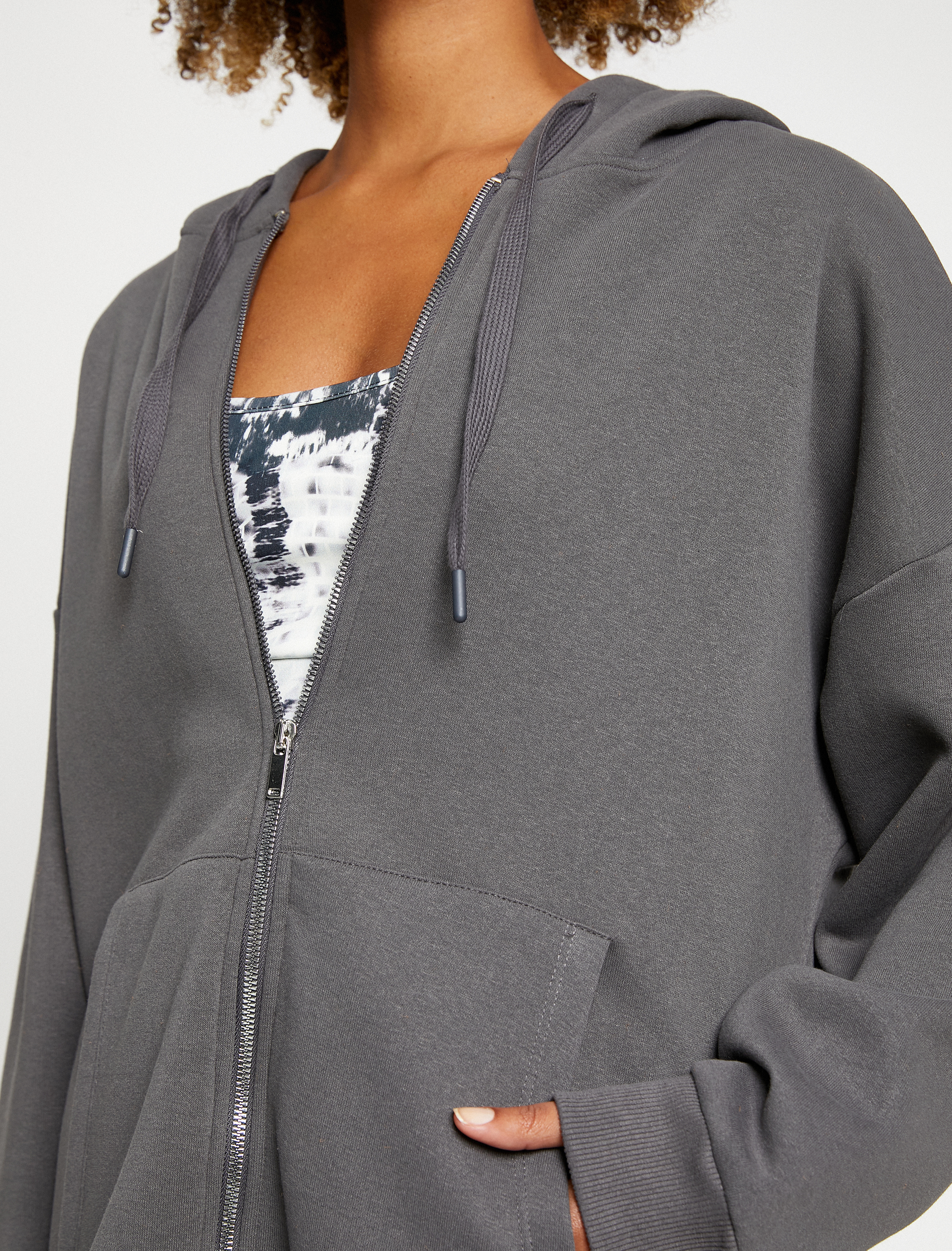   Kapüşonlu Fermuarlı Oversize Kalın Spor Sweatshirt Cepli Şardonlu