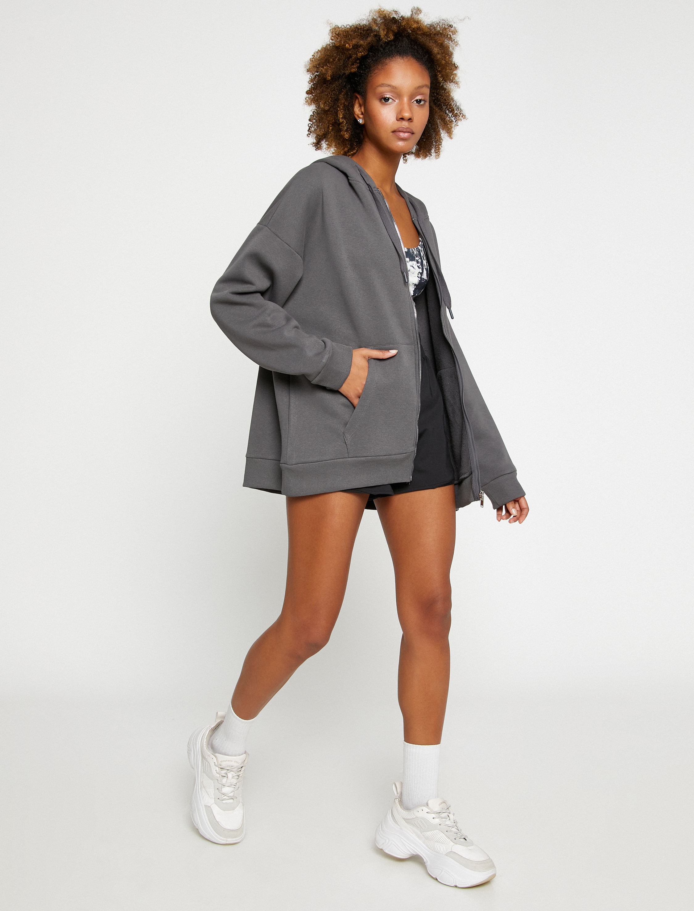   Kapüşonlu Fermuarlı Oversize Kalın Spor Sweatshirt Cepli Şardonlu