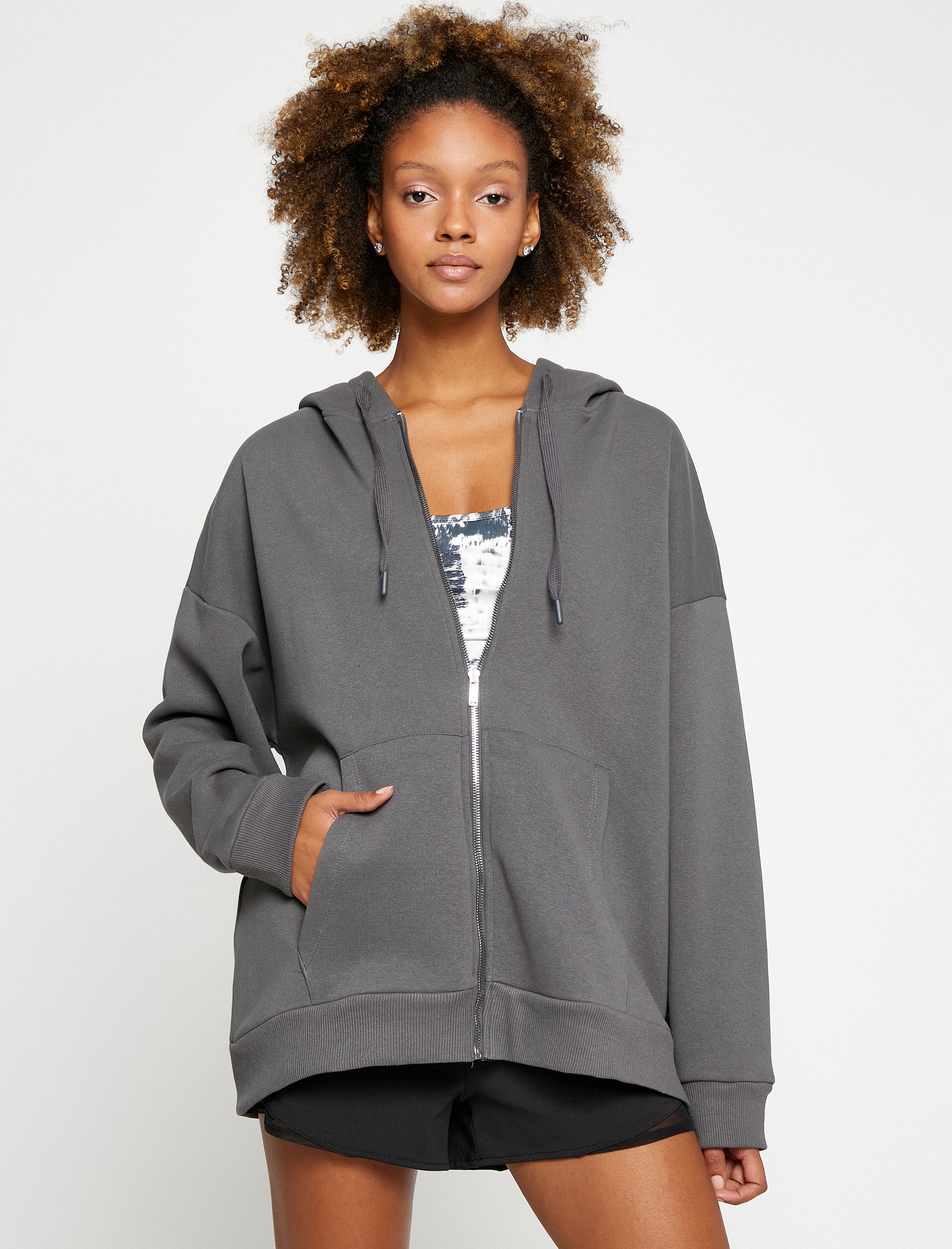   Kapüşonlu Fermuarlı Oversize Kalın Spor Sweatshirt Cepli Şardonlu