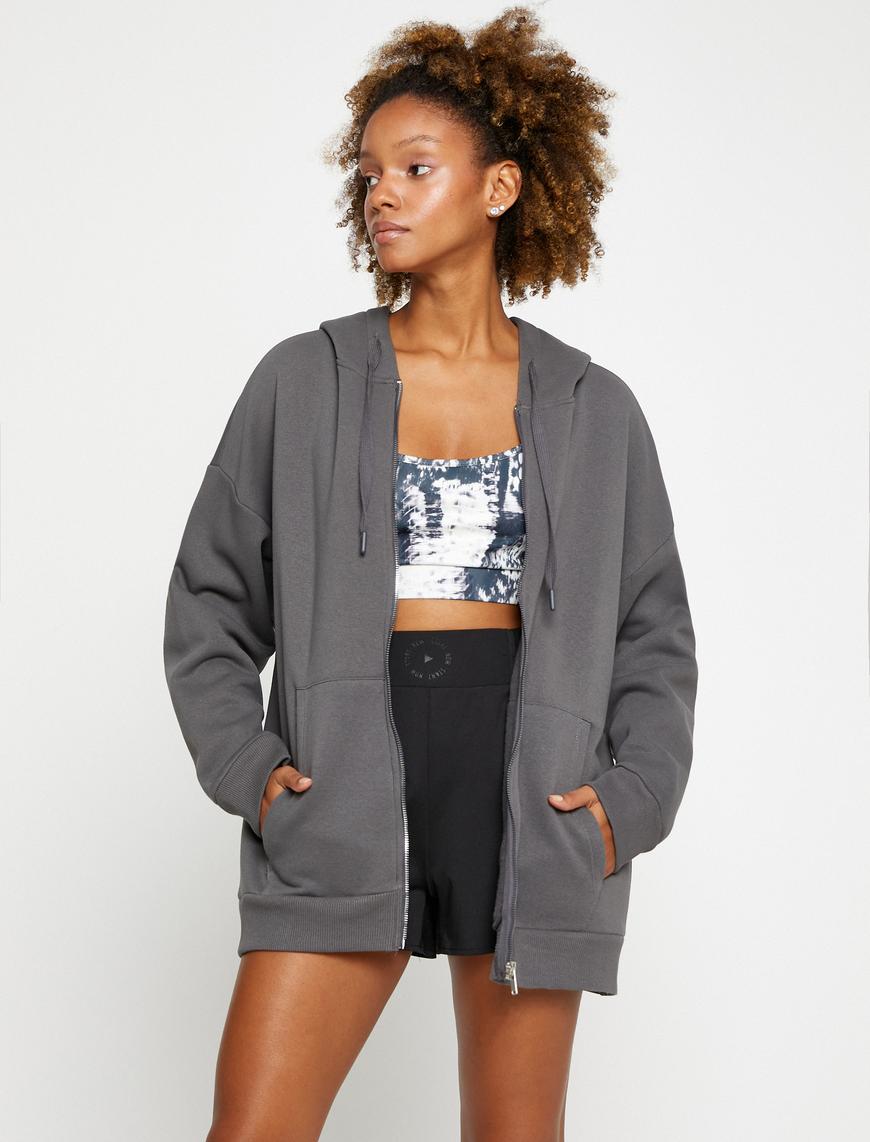   Kapüşonlu Fermuarlı Oversize Kalın Spor Sweatshirt Cepli Şardonlu