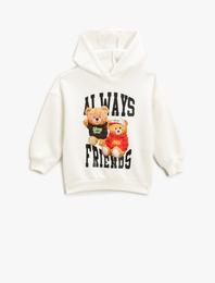 Ayıcık Baskılı Kapşonlu Sweatshirt Uzun Kollu Şardonlu