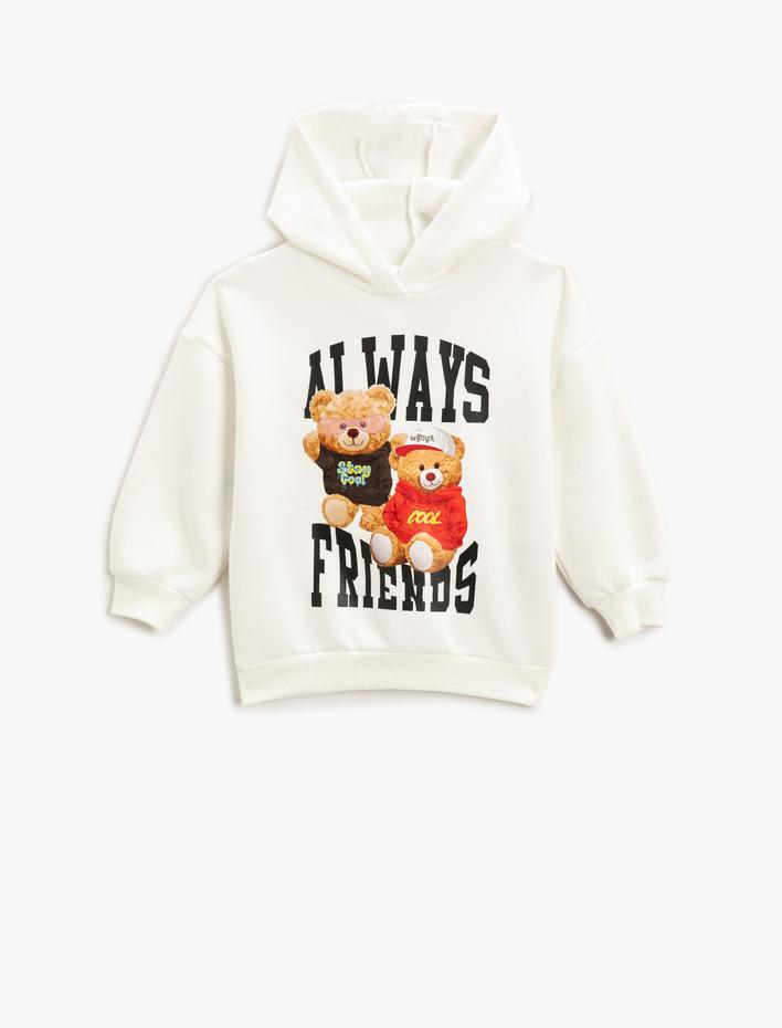 Kız Çocuk Ayıcık Baskılı Kapşonlu Sweatshirt Uzun Kollu Şardonlu