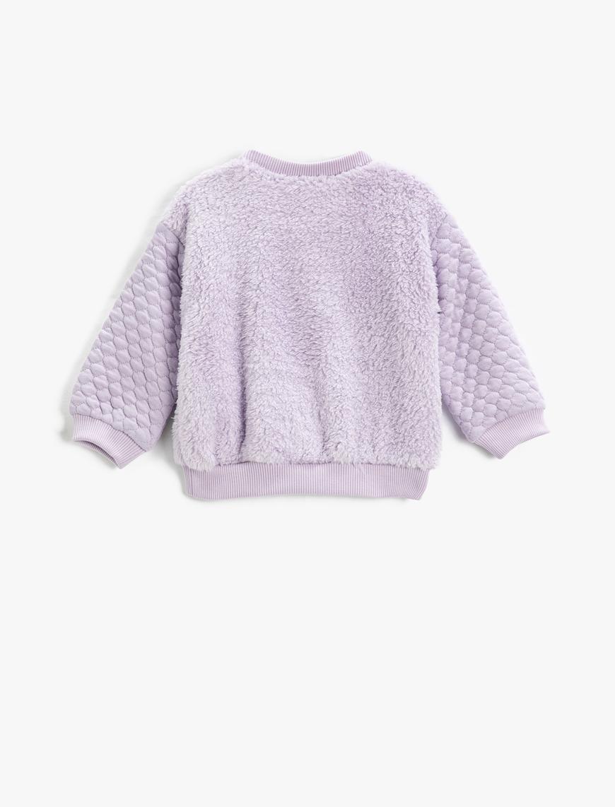  Kız Bebek Peluş Sweatshirt Kapitoneli Parıltılı Aplike Detaylı Uzun Kollu Bisiklet Yaka