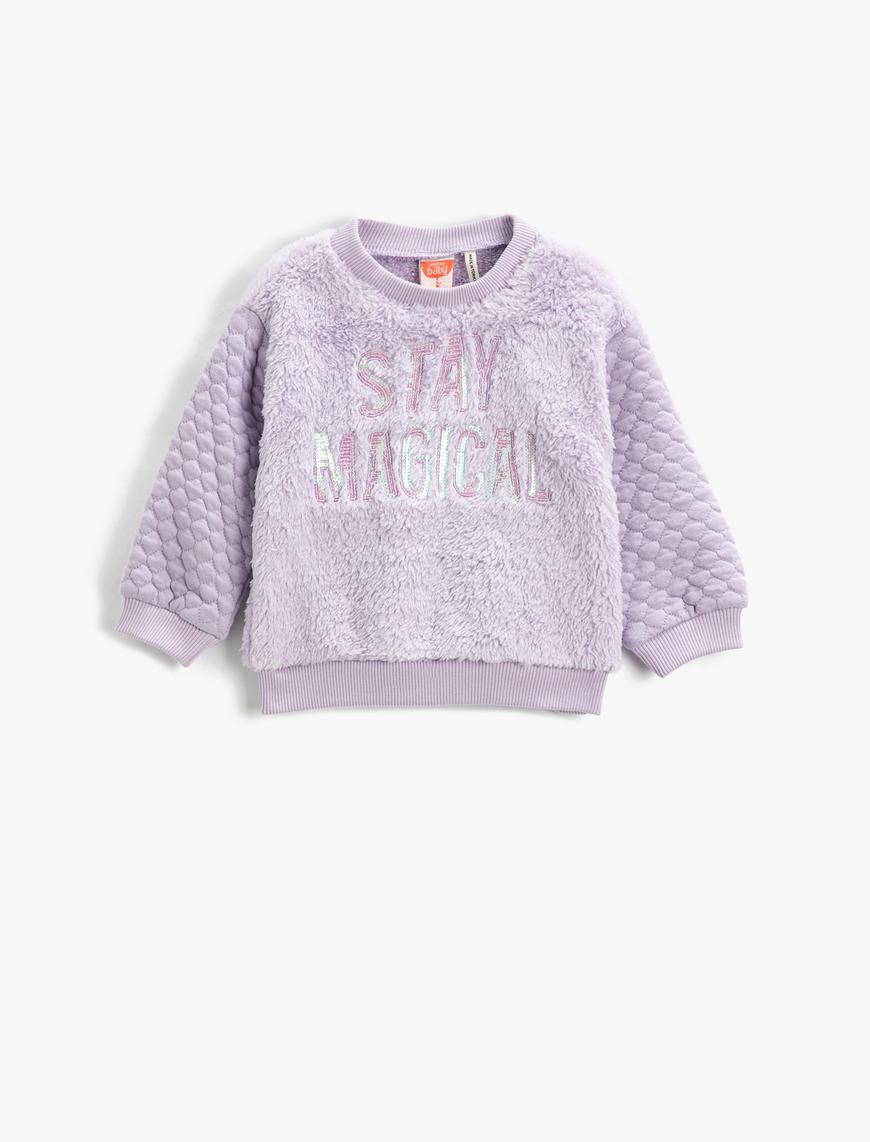  Kız Bebek Peluş Sweatshirt Kapitoneli Parıltılı Aplike Detaylı Uzun Kollu Bisiklet Yaka