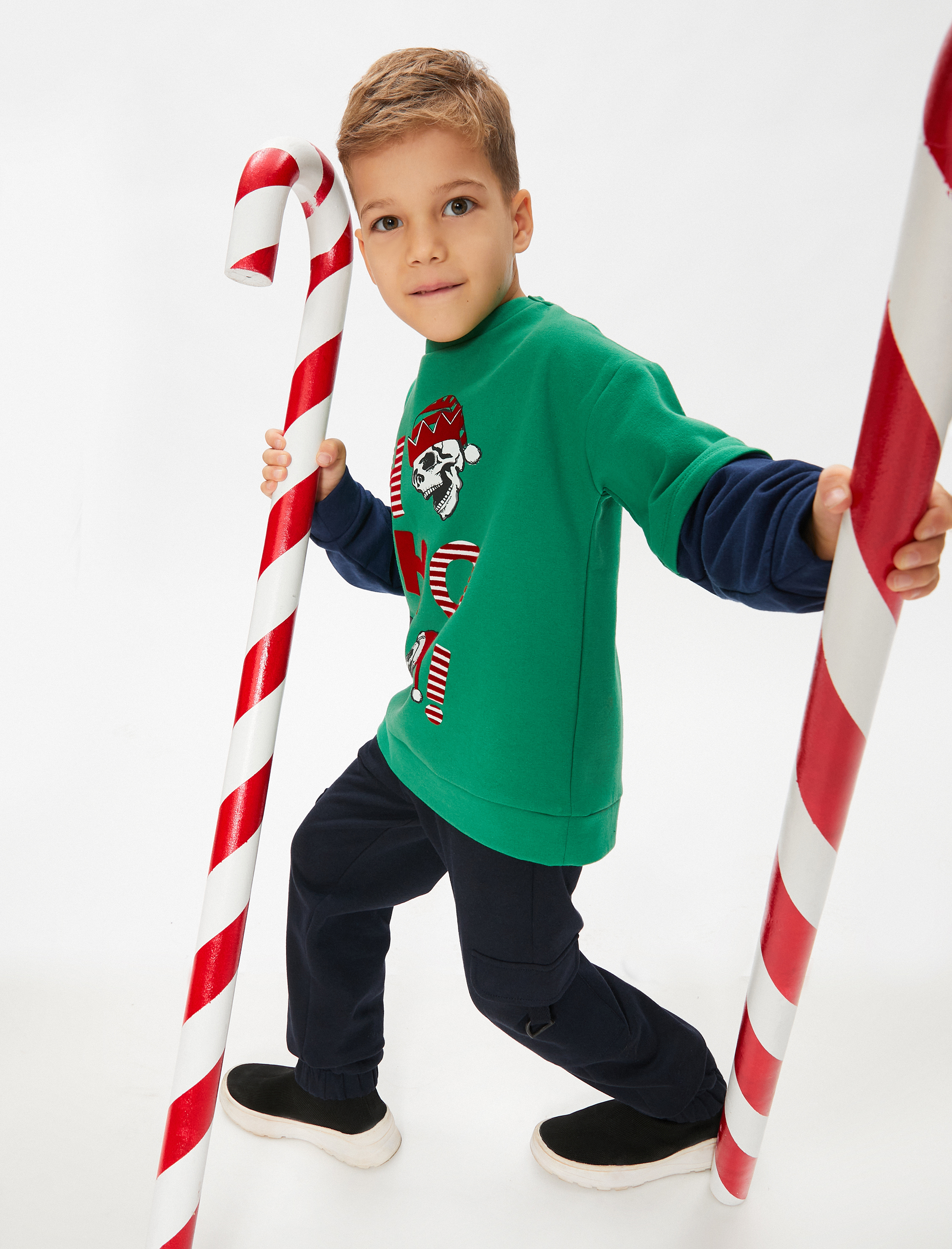 Erkek Çocuk Kuru Kafa Baskılı Sweatshirt Uzun Çıkma Kollu Bisiklet Yaka