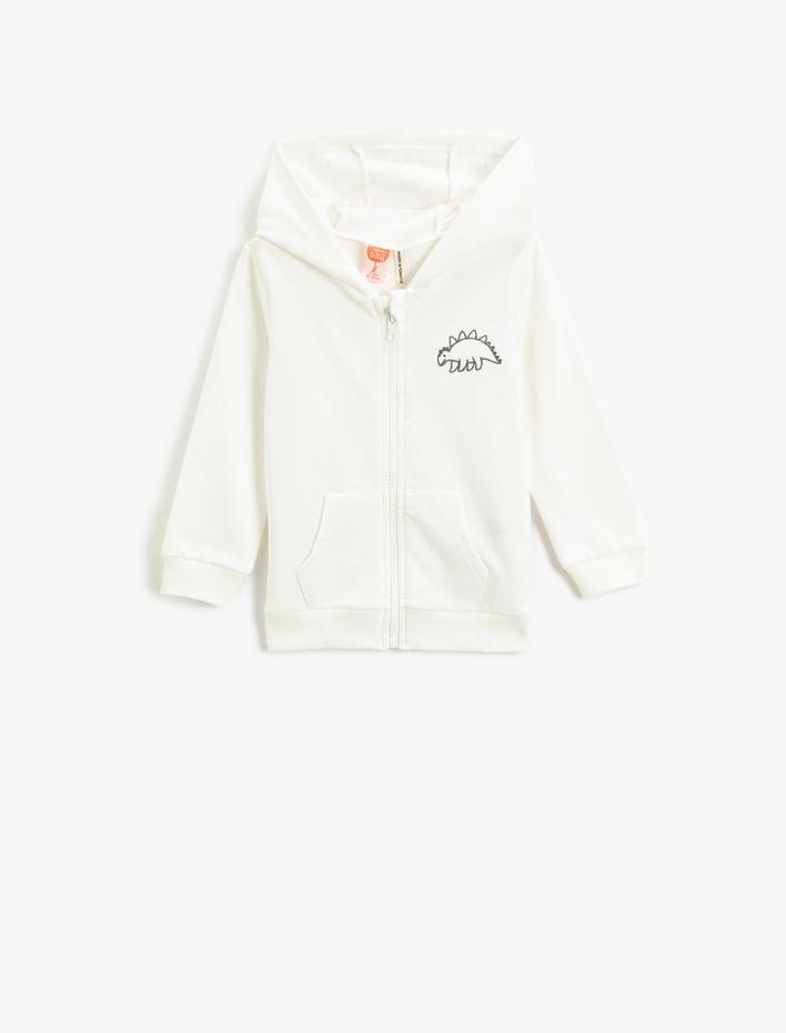 Erkek Bebek Fermuarlı Kapşonlu Hırka Dinozor İşleme Detaylı Cepli