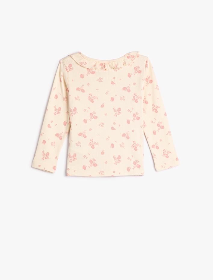 Kız Bebek Çiçekli Tişört Yuvarlak Yaka Fırfırlı Uzun Kollu Pamuklu Kaşkorse