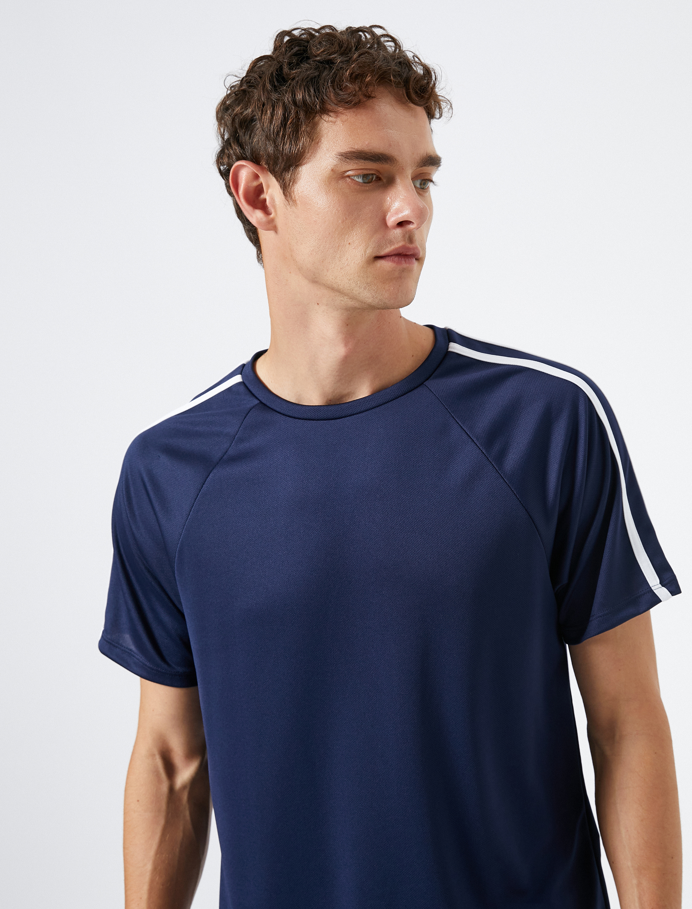   Spor Tişört Şerit Baskılı Bisiklet Yaka Reglan Kol