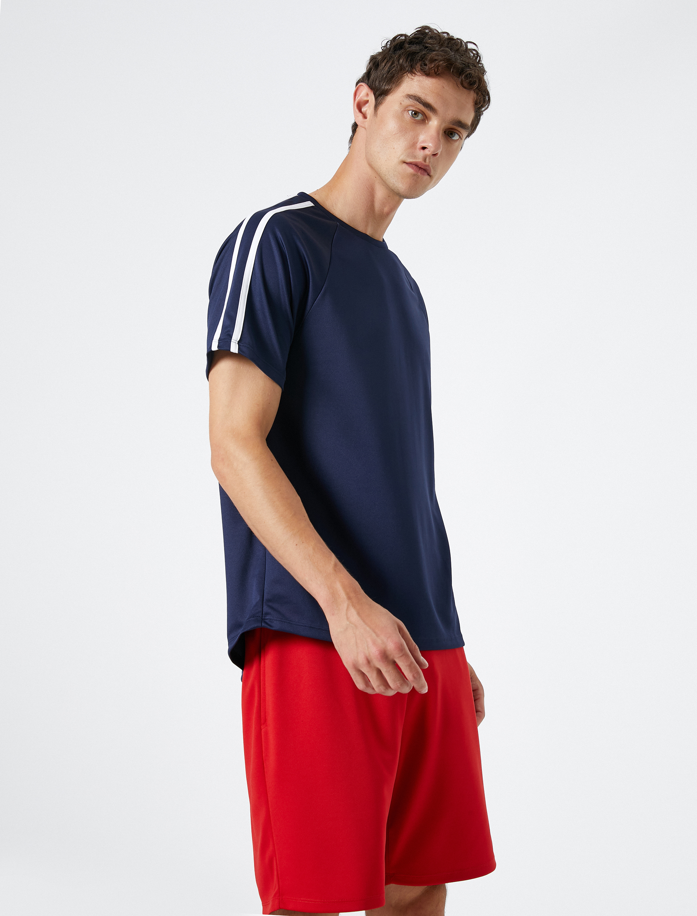   Spor Tişört Şerit Baskılı Bisiklet Yaka Reglan Kol