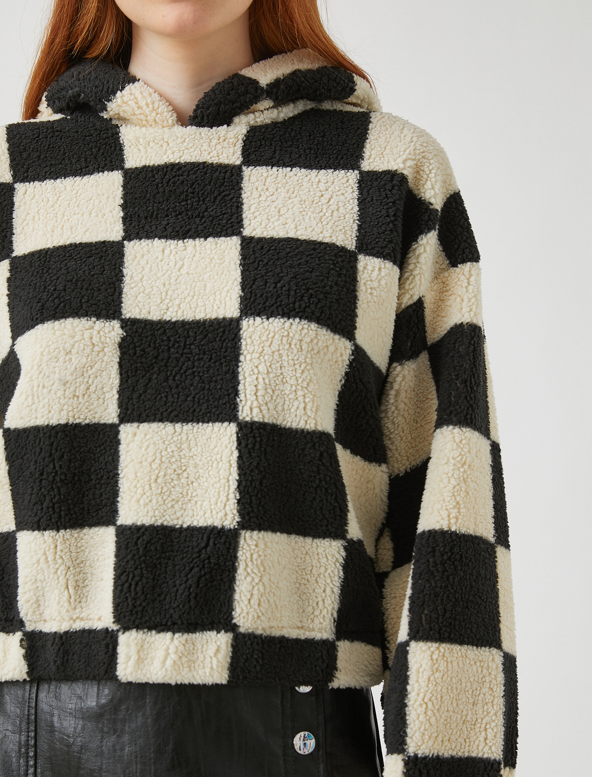   Kapüşonlu Kareli Uzun Kollu Sweatshirt