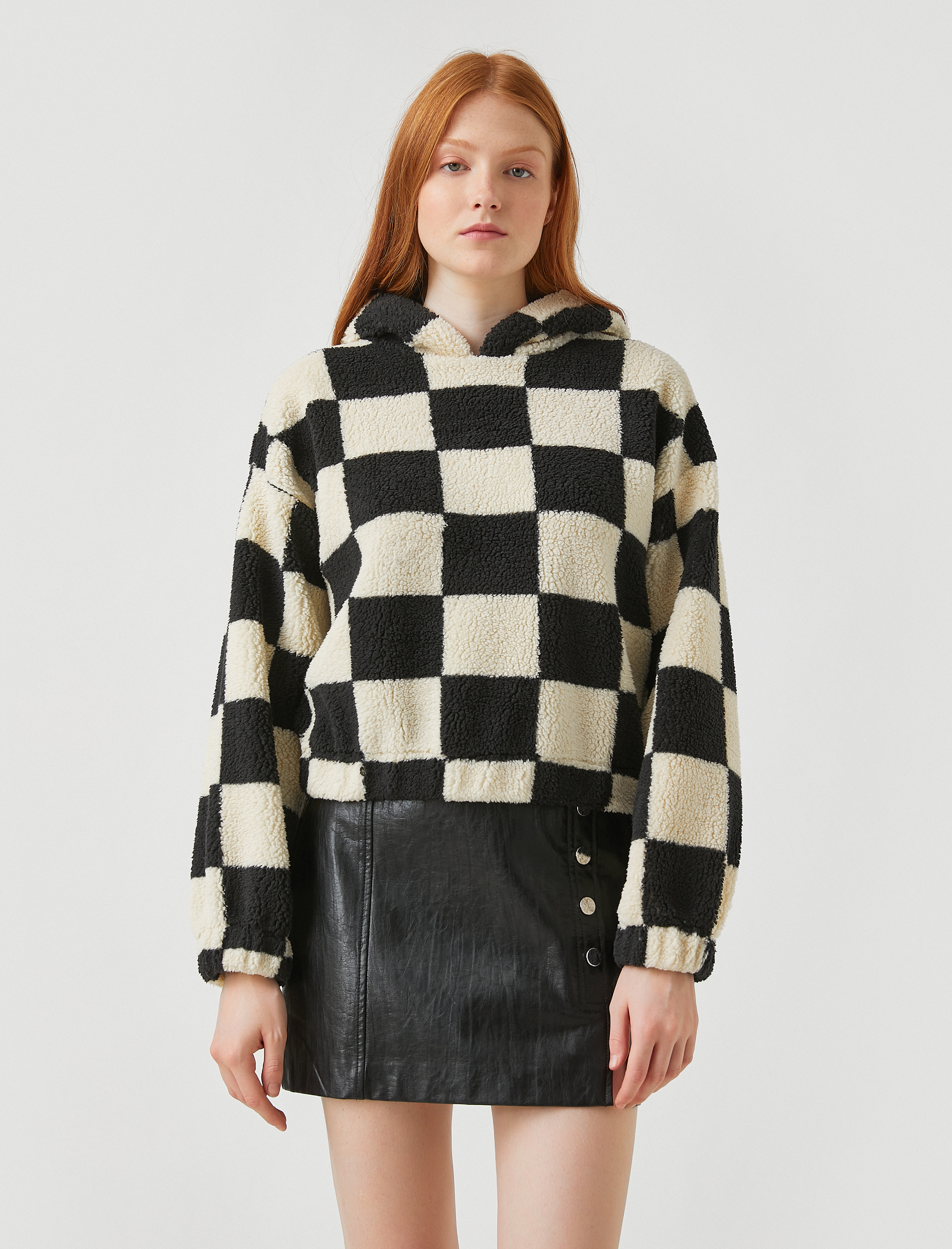   Kapüşonlu Kareli Uzun Kollu Sweatshirt