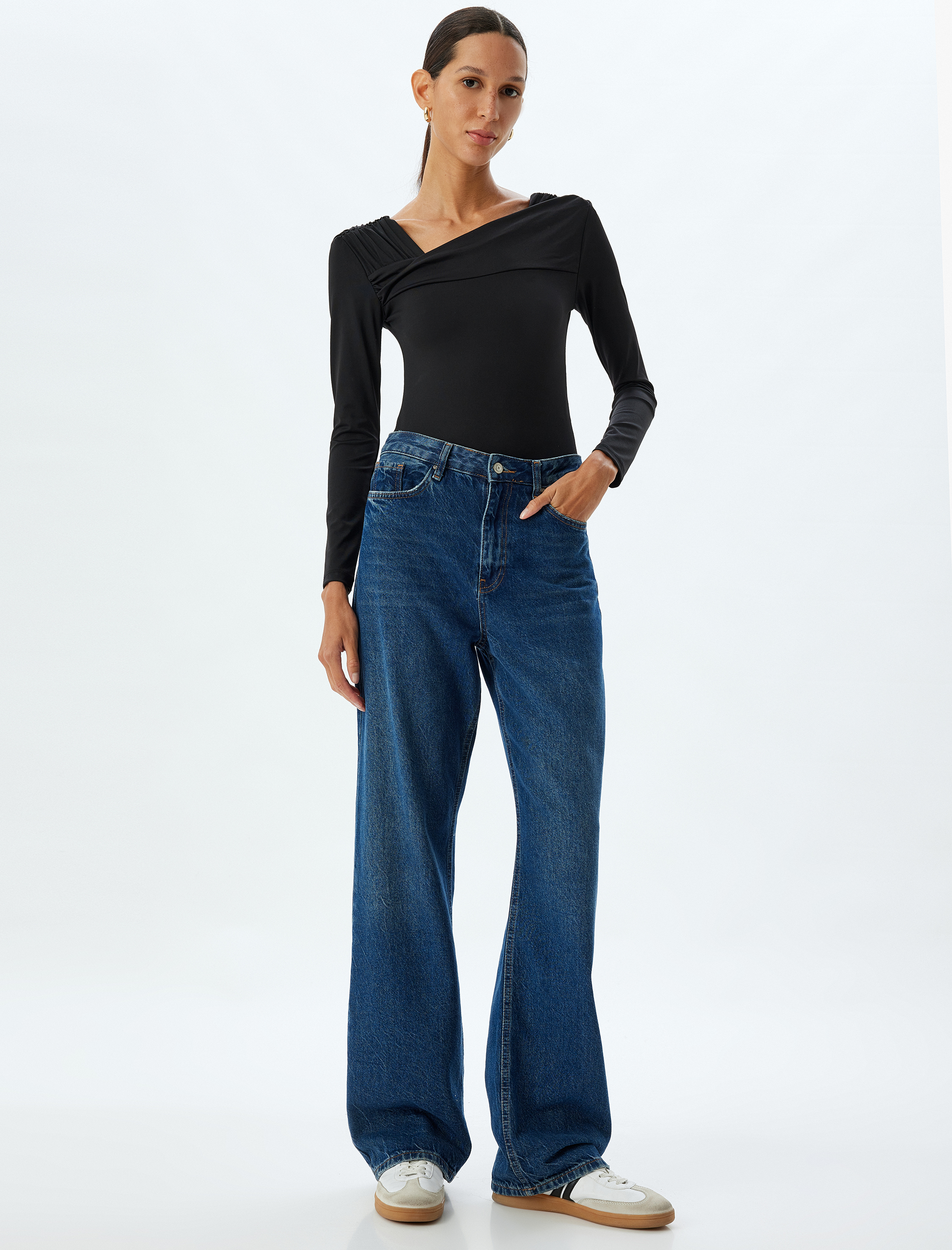   Asimetrik Yaka Bluz Uzun Kollu Slim Fit