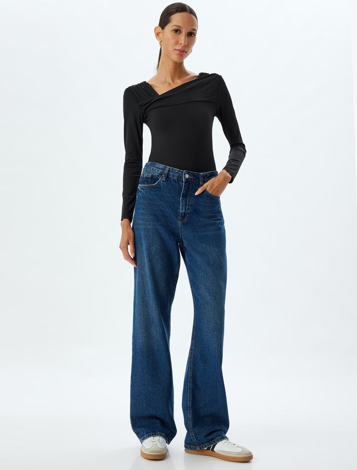  Asimetrik Yaka Bluz Uzun Kollu Slim Fit