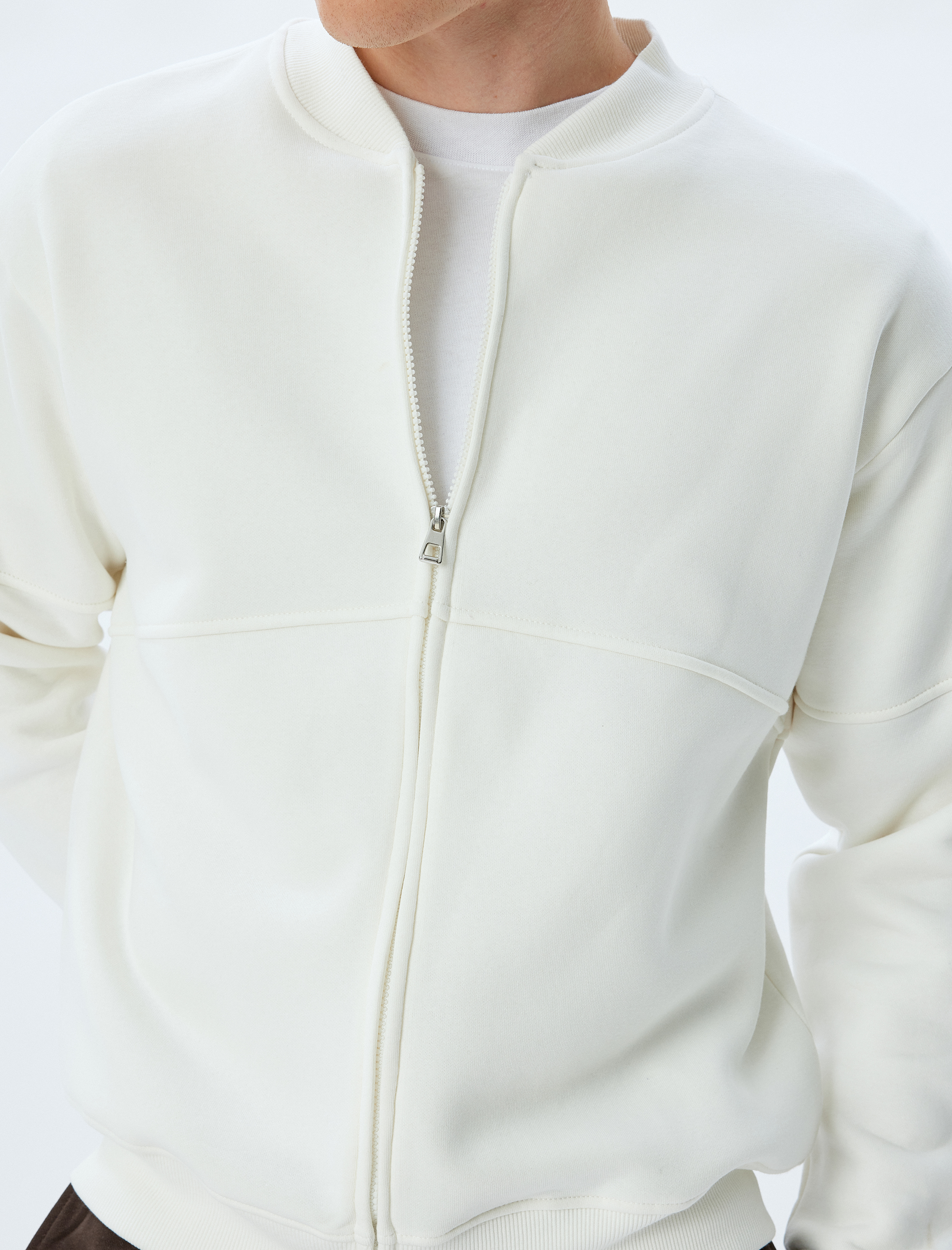 Oversize Hırka Fermuarlı Basic Dikiş Detaylı Şardonlu Pamuk Karışımlı