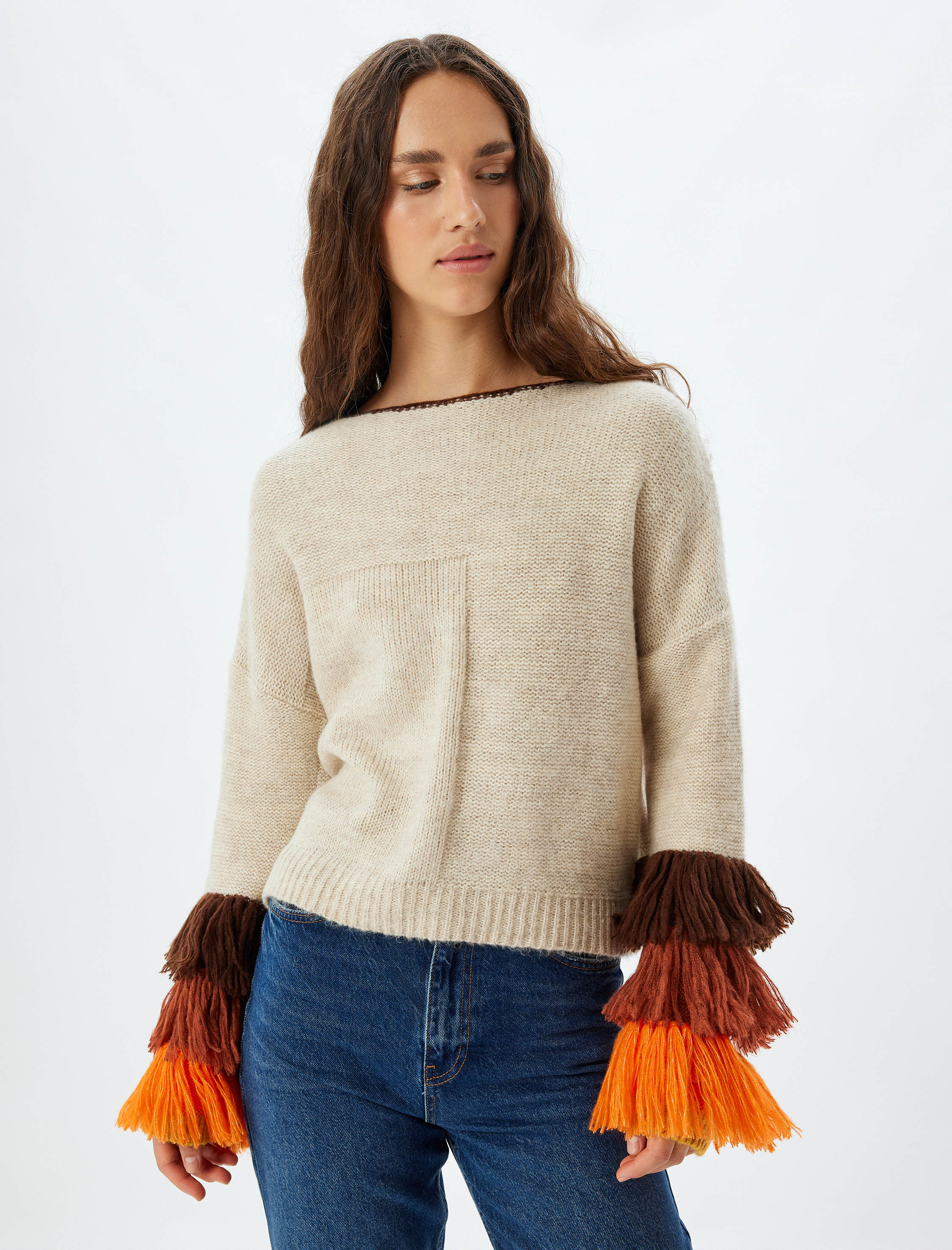   Triko Kazak Bisiklet Yaka Püskül Detaylı Çok Renkli