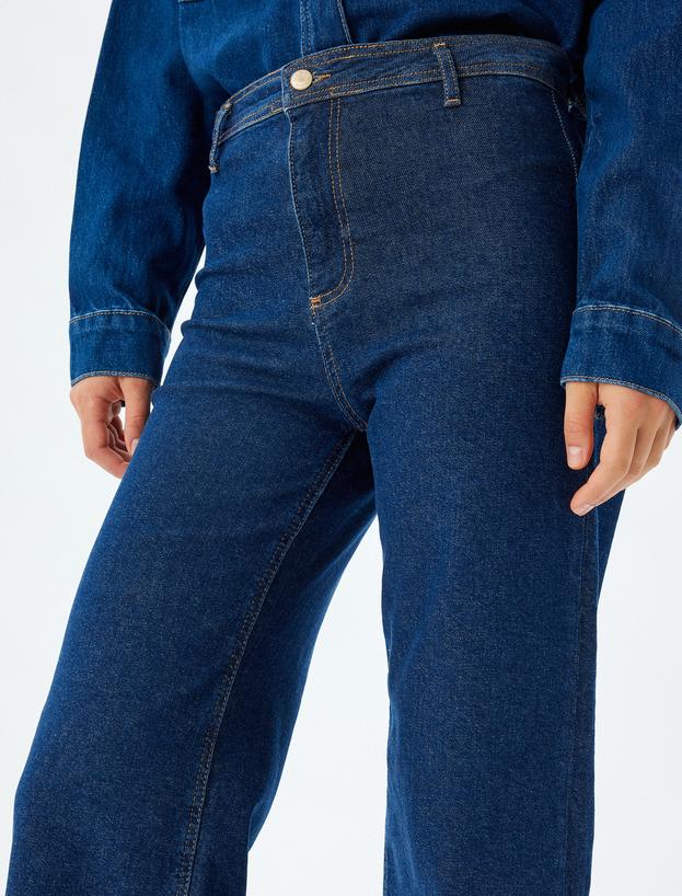 Kısa Paça Kot Pantolon Normal Bel Düğmeli Cepli - Culotte Jeans_4