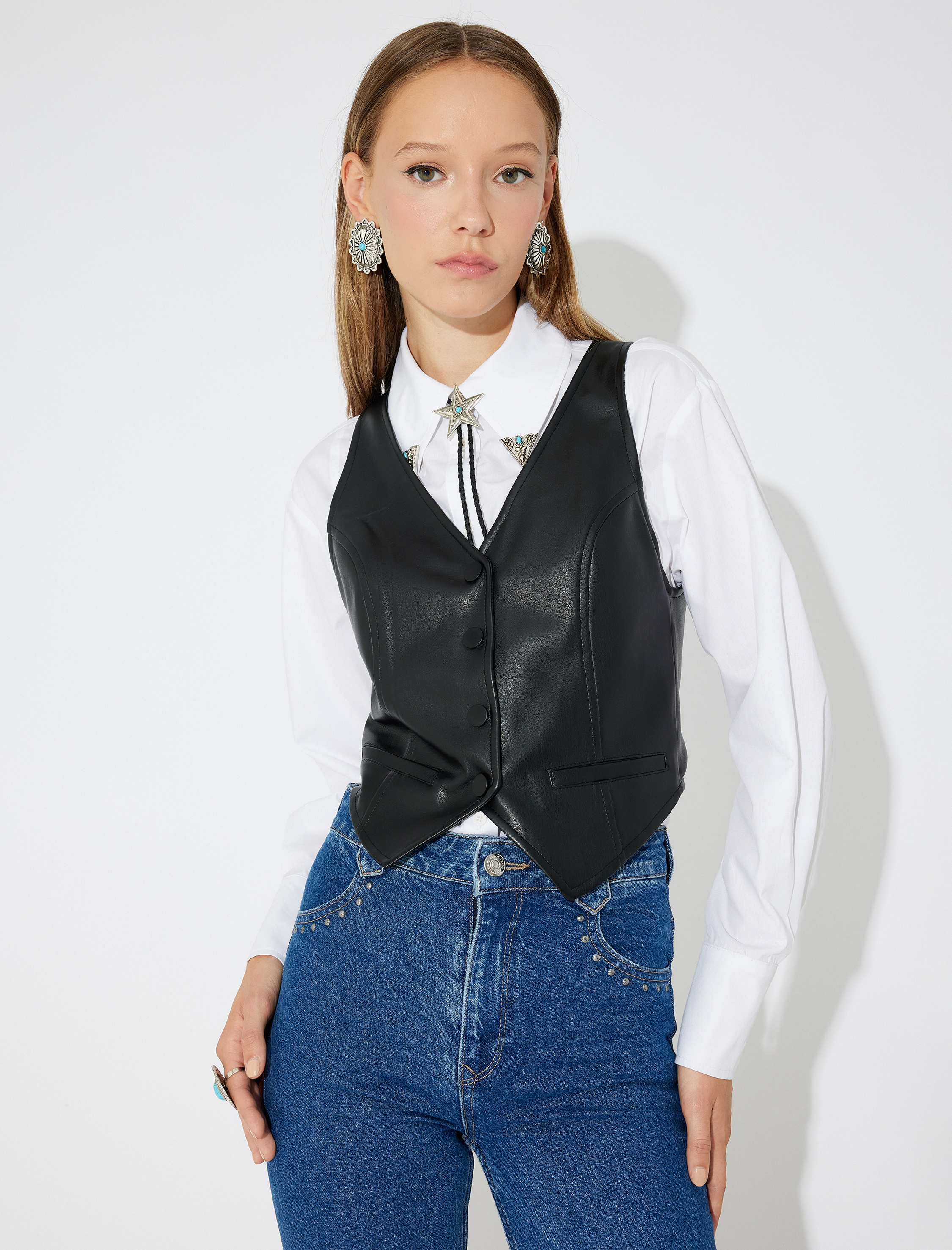   Düğmeli V Yaka Suni Deri Yelek