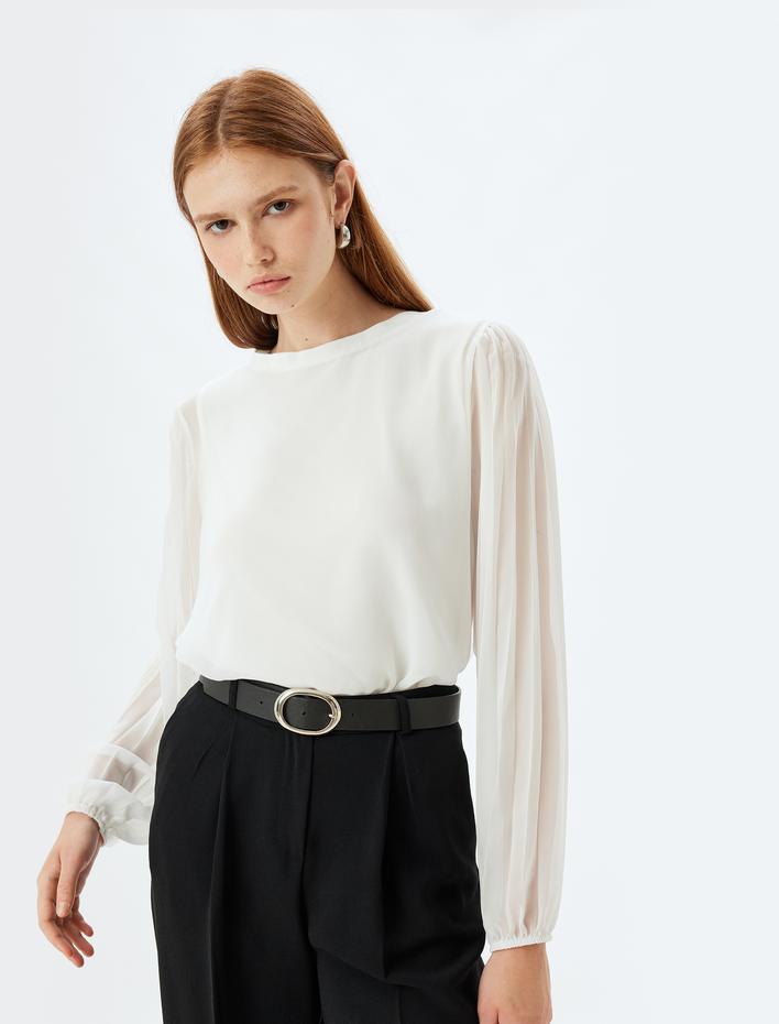  Şifon Bluz Yuvarlak Yaka Uzun Pileli Tül Kollu