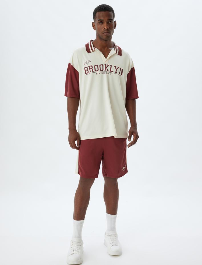  Spor Tişört Oversize Slogan Baskılı V Yaka Kısa Kollu