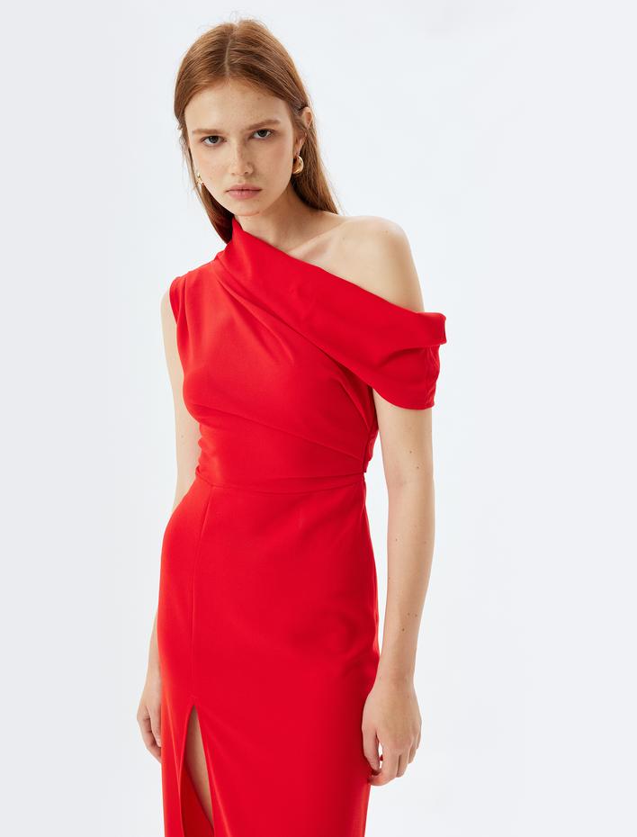  Krep Kumaş Tek Omuz Asimetrik Yaka Uzun Gece Elbisesi