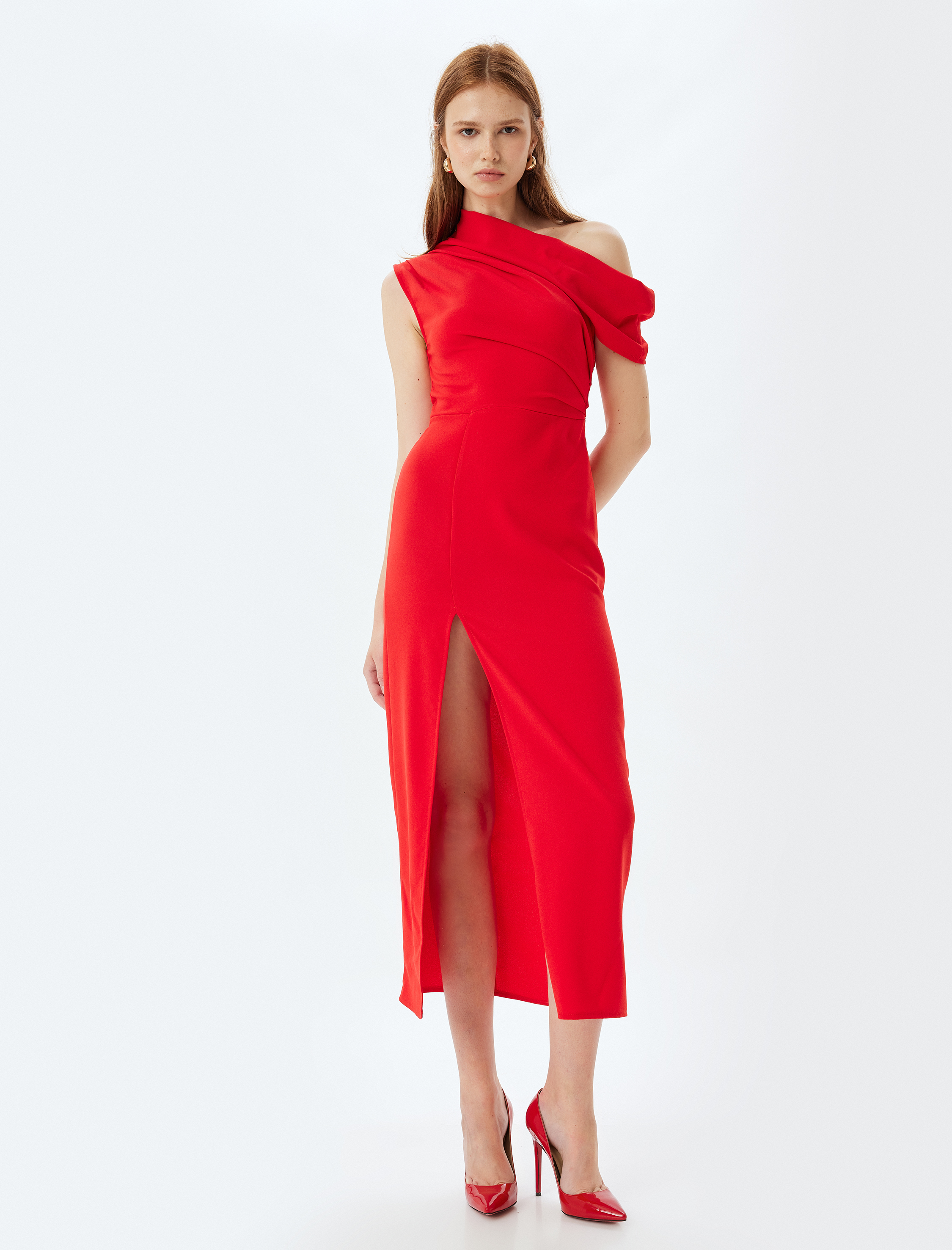 Krep Kumaş Tek Omuz Asimetrik Yaka Uzun Gece Elbisesi