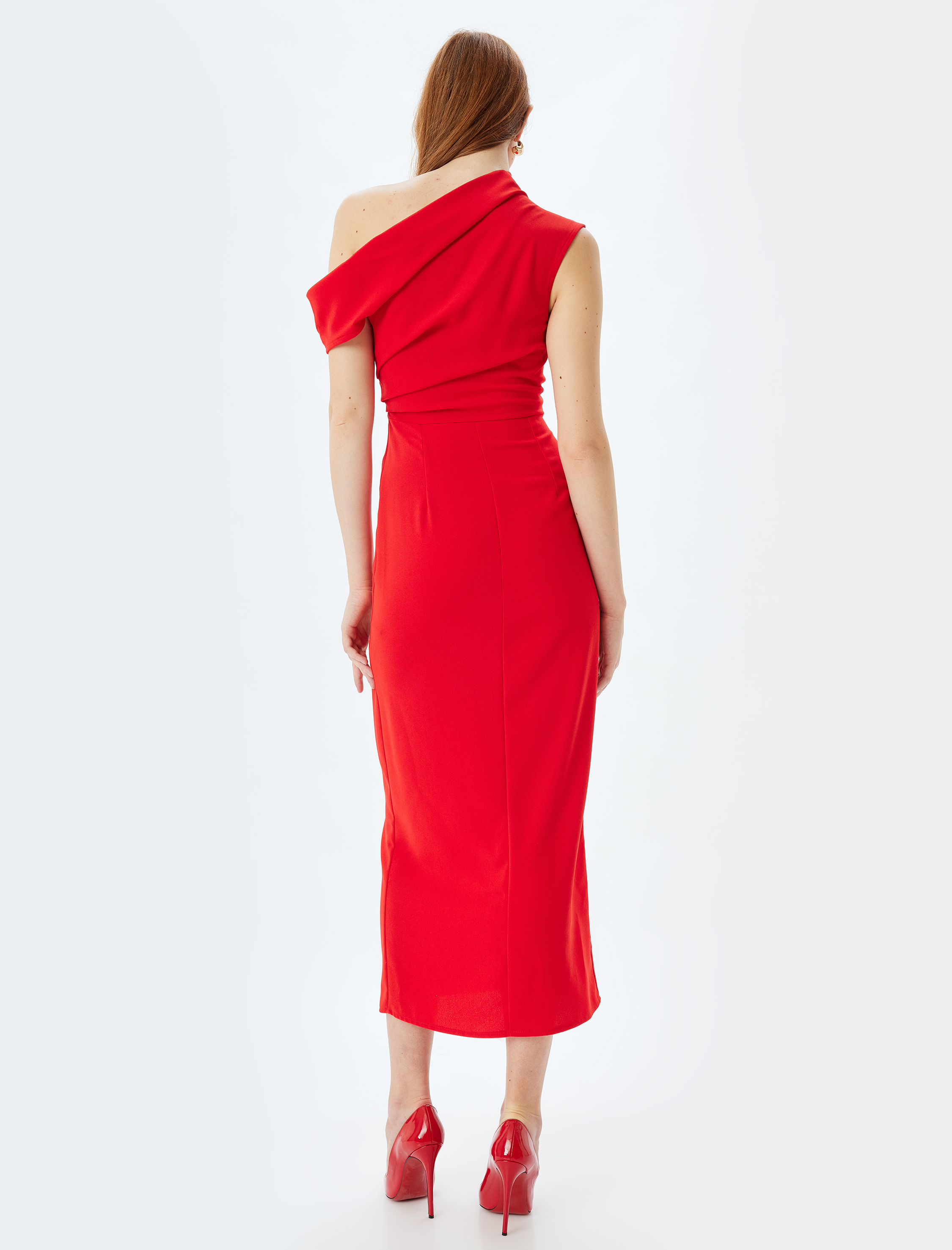 Krep Kumaş Tek Omuz Asimetrik Yaka Uzun Gece Elbisesi