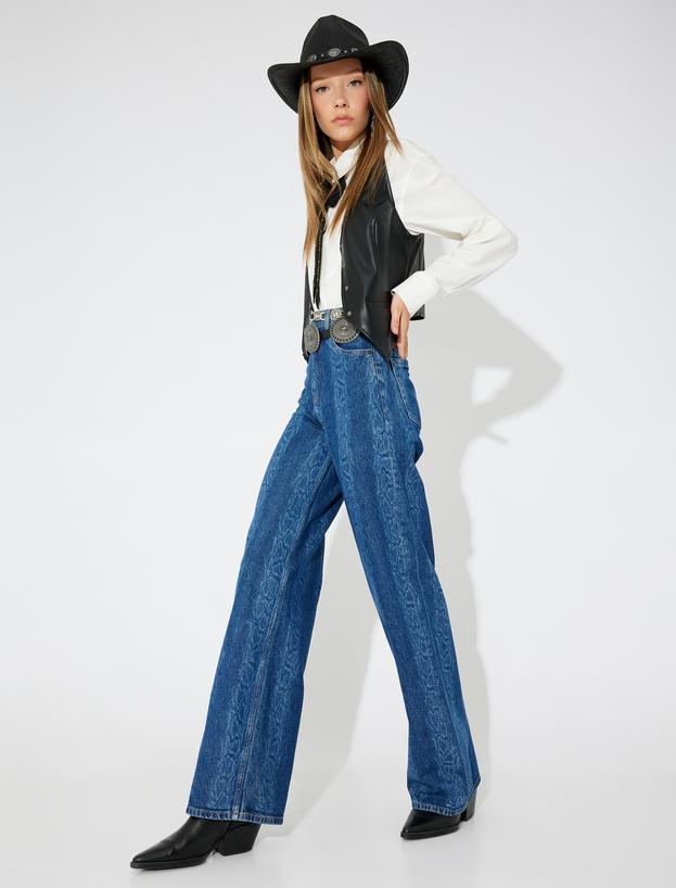 Koton X Zeynep Bastık - Geniş Paça Kot Pantolon Yılan Derisi Desenli Renk Bloklu - Wide Leg Jeans_0