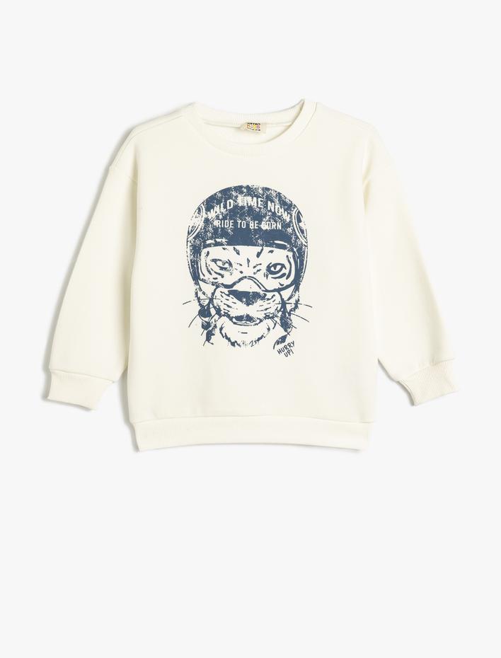 Erkek Çocuk Hayvan Baskılı Sweatshirt Bisiklet Yaka Boxy Pamuk Karışımlı