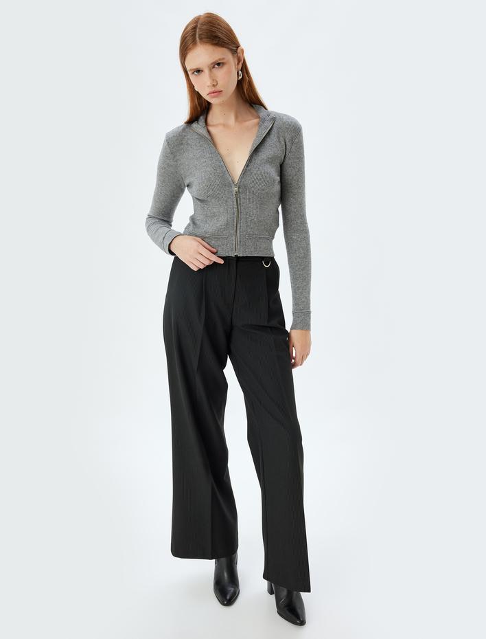  Fermuarlı Triko Hırka Dik Yaka Uzun Kollu