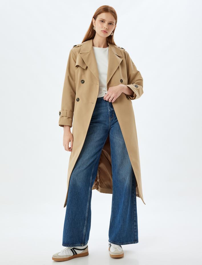  Kuşak Detaylı Kruvaze Düğmeli Trençkot