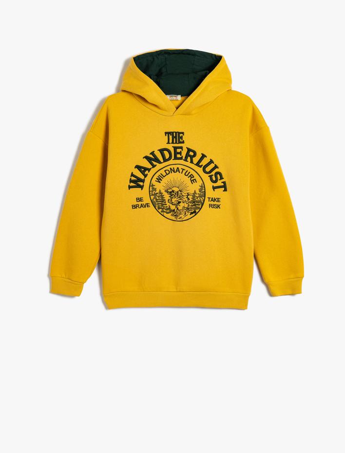 Erkek Çocuk Kapşonlu Sweatshirt Slogan İşlemeli Oversize Pamuk Karışımlı Şardonlu